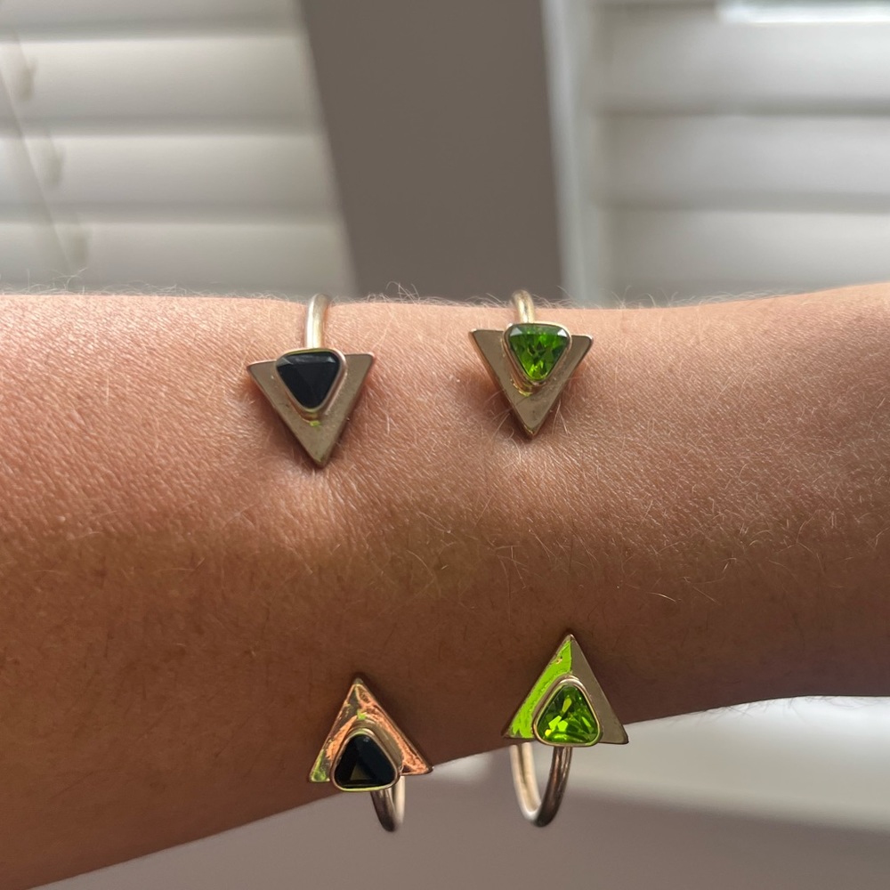 Triangular Cuff set. Gold bracelet green/black accent